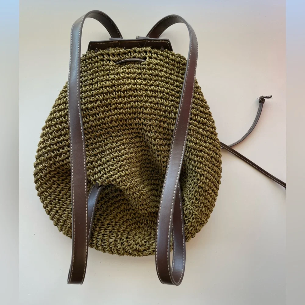 Cappelli Straworld Olive Green Woven Raffia Backpack Brown Faux Leather Trim‎